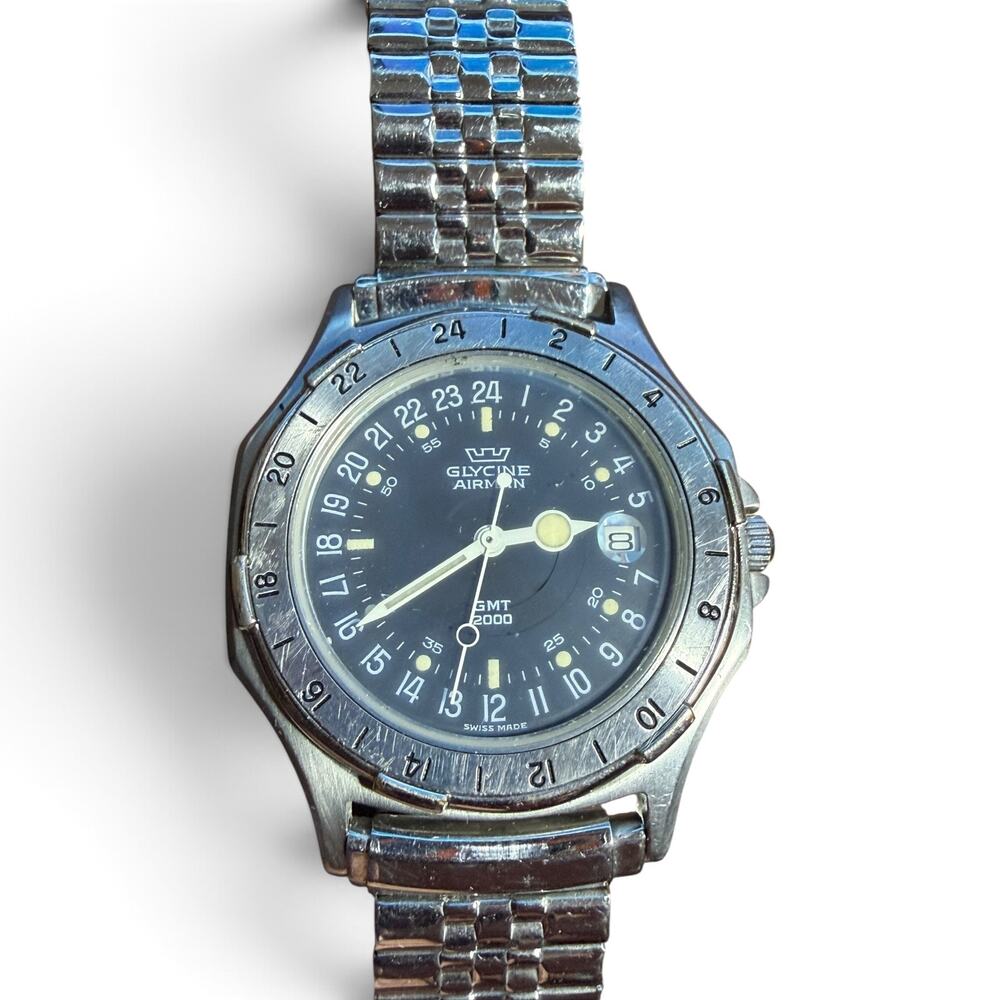 Vintage Glycine Airman GMT 2000 Quartz Watch 24Hr Dial Date 38mm Bracelet